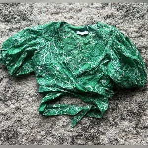 Olivaceous Floral Puff Sleeve Wrap Top in Green